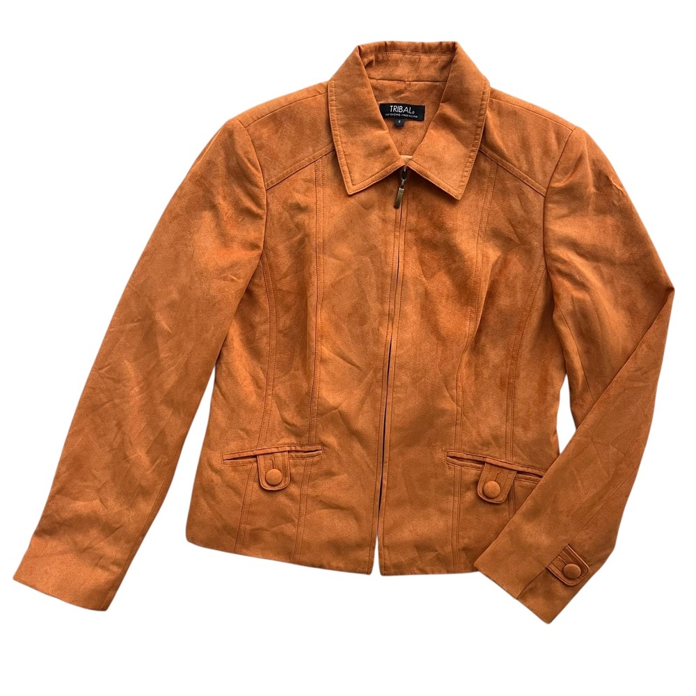 Tribal Women's 6 Rust Orange Faux Suede, Pockets Cuffs Zip Blazer Jacket Western